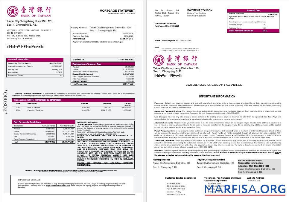 Realistic Taiwan Bank of Taiwan bank mortgage statement in Word and PDF formats 1 2 example